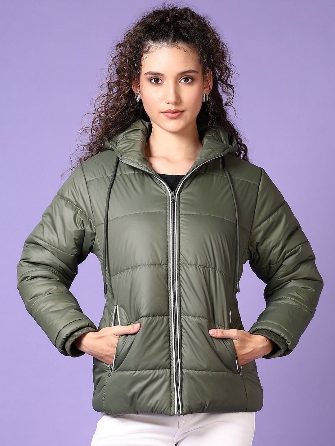 

V-Mart Women Hooded Solid Cotton Casual Puffer Jacket, Olive