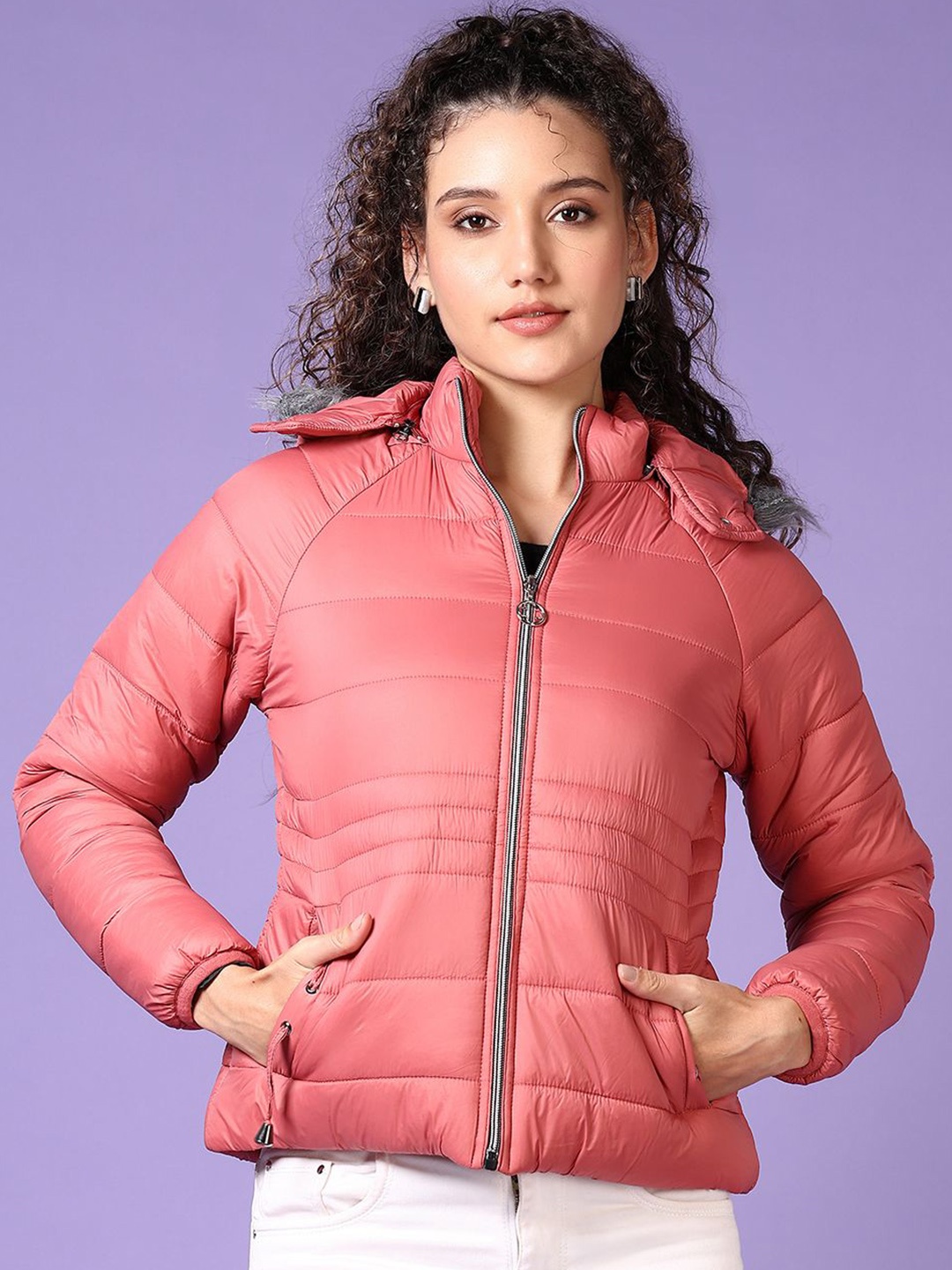

V-Mart Women Hooded Solid Cotton Casual Padded Jacket, Coral