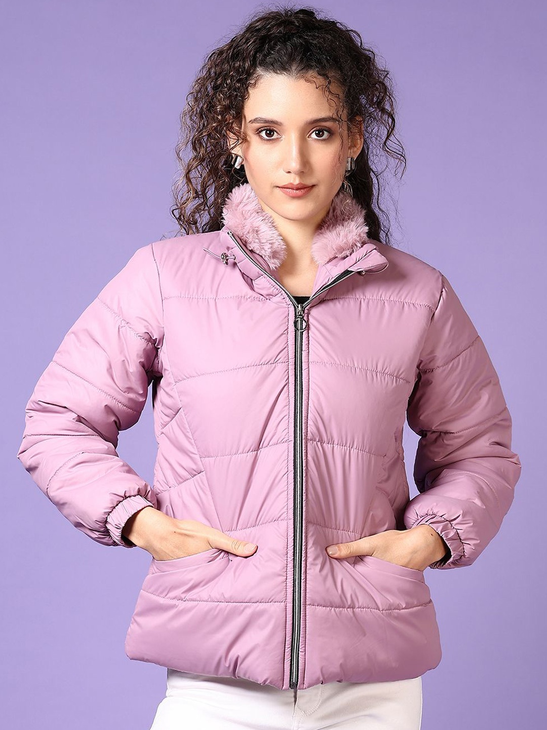 

V-Mart Women Mock Collar Solid Cotton Casual Parka Jacket, Lavender