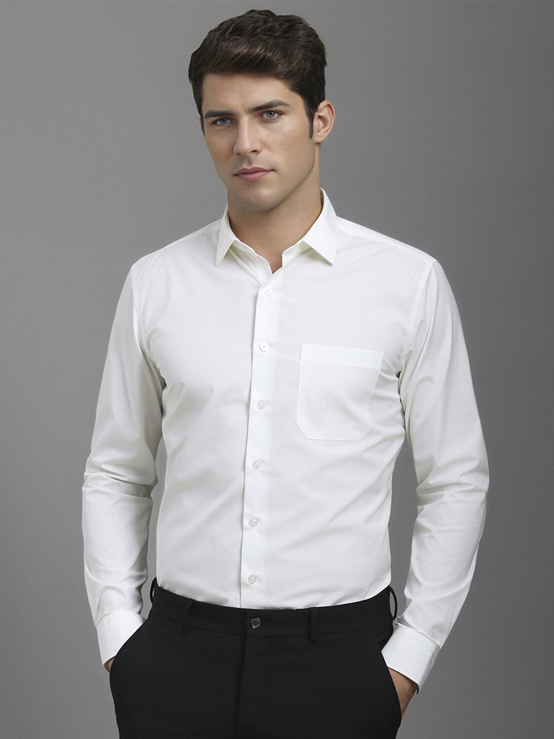 

Louis Philippe Men Spread Collar Solid Cotton Formal Shirt, White