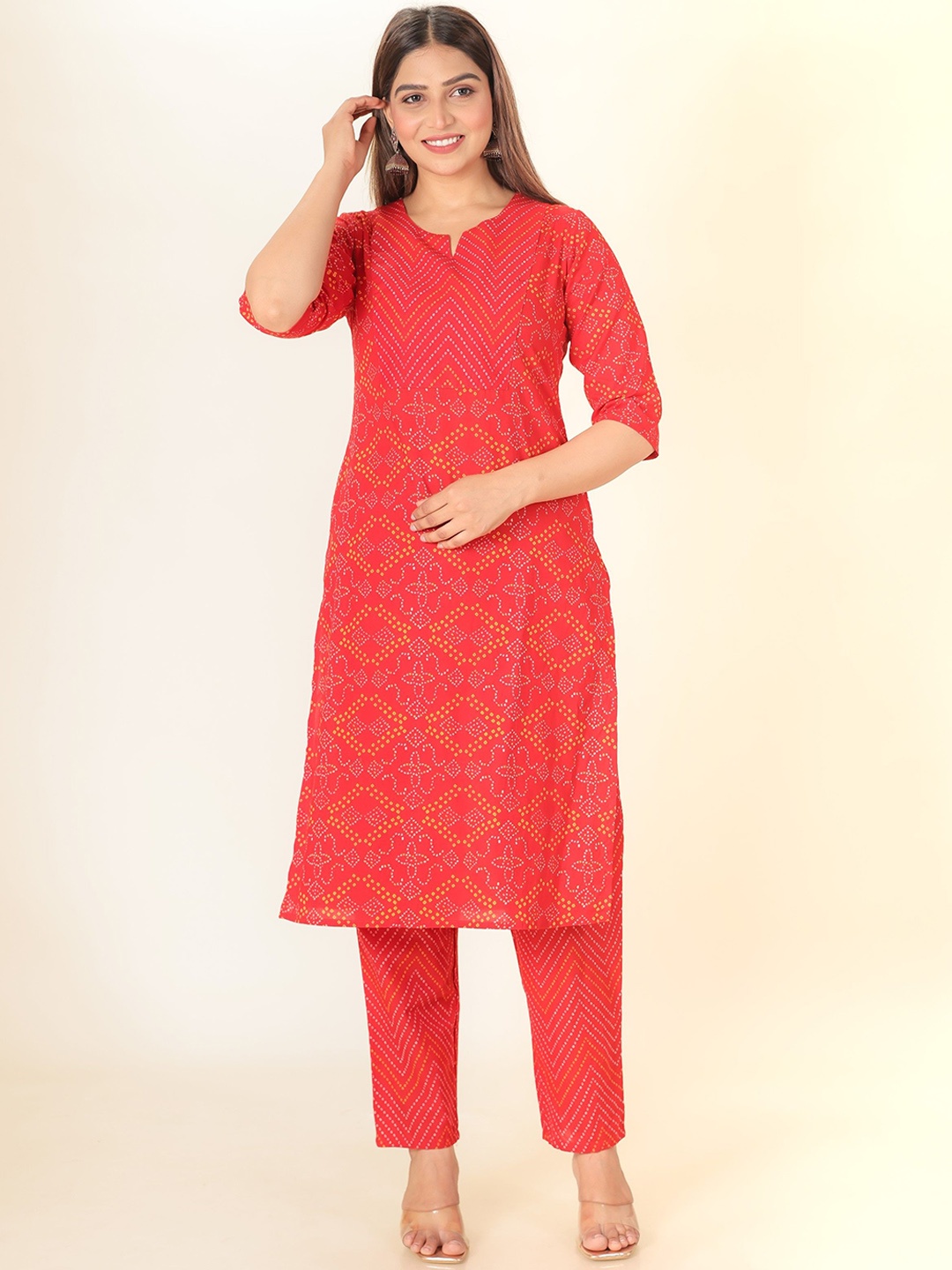 

Aramya Notch Neck Bandhani Printed Pure Cotton Straight Kurta with Trousers, Red