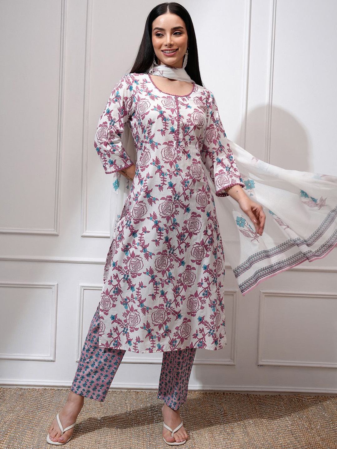 

Vishudh Floral Printed Round Neck Straight Kurta with Trousers & Dupatta, Mauve