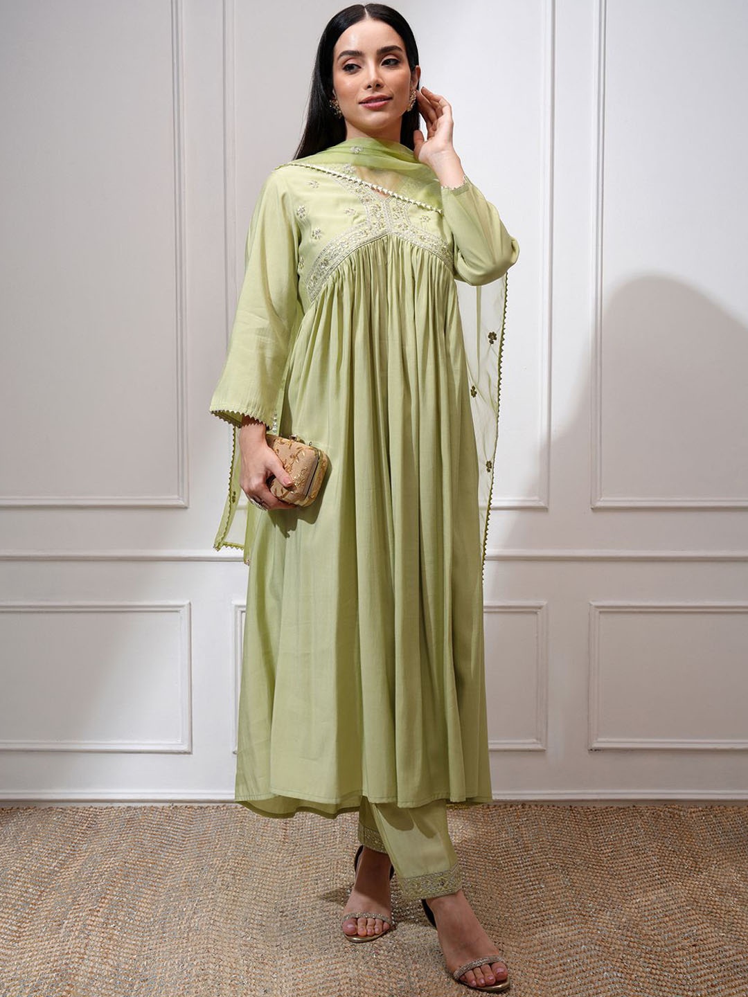 

Vishudh Floral Yoke Design & Embroidered Sequinned Empire Kurta with Trousers & Dupatta, Green
