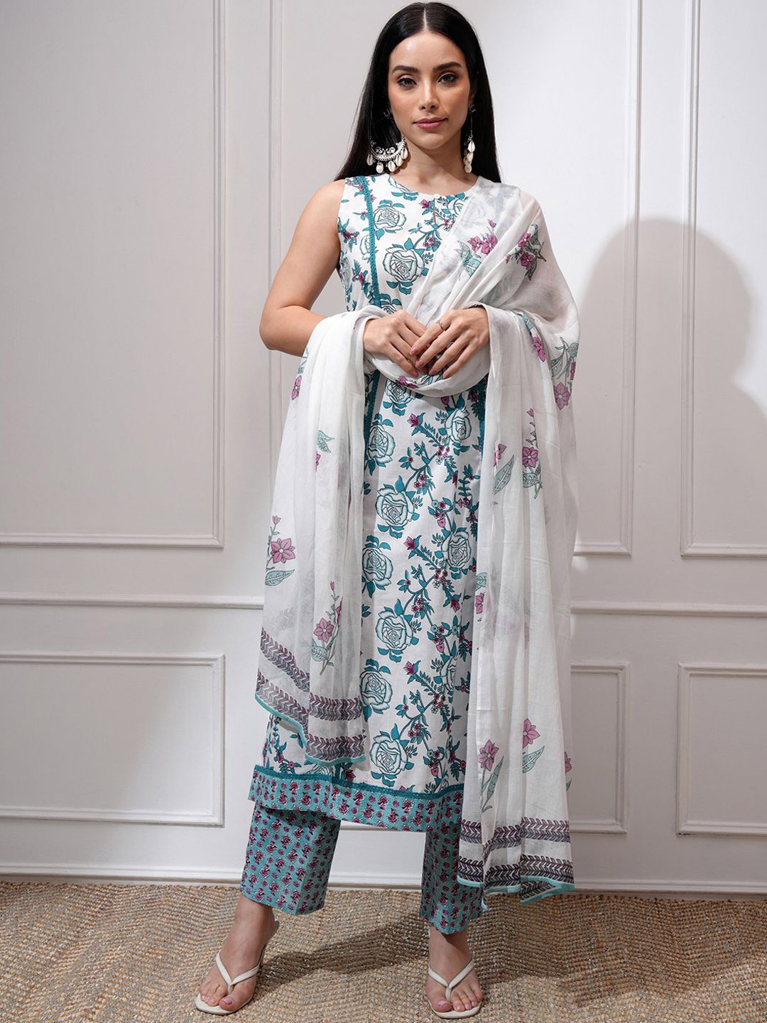 

Vishudh Floral Printed Keyhole Neck Sleeveless A-Line Kurta with Trousers & With Dupatta, White