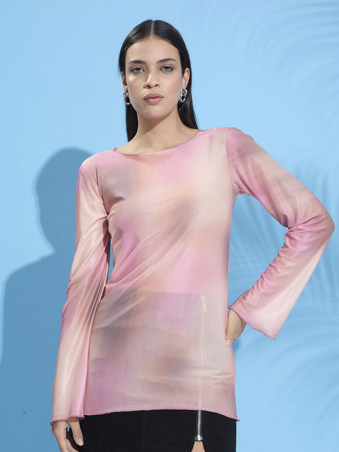 

HERE&NOW Tie and Dye Bell Sleeve Net Top, Pink