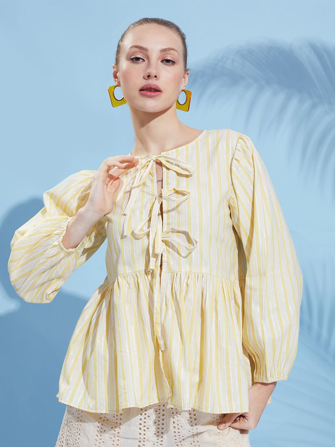 

HERE&NOW Women Striped Puff Sleeve Cotton Peplum Top, Yellow