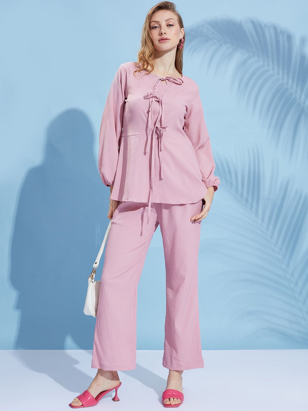 

HERE&NOW Pink Self Design Tie-up Neck Top With Trouser