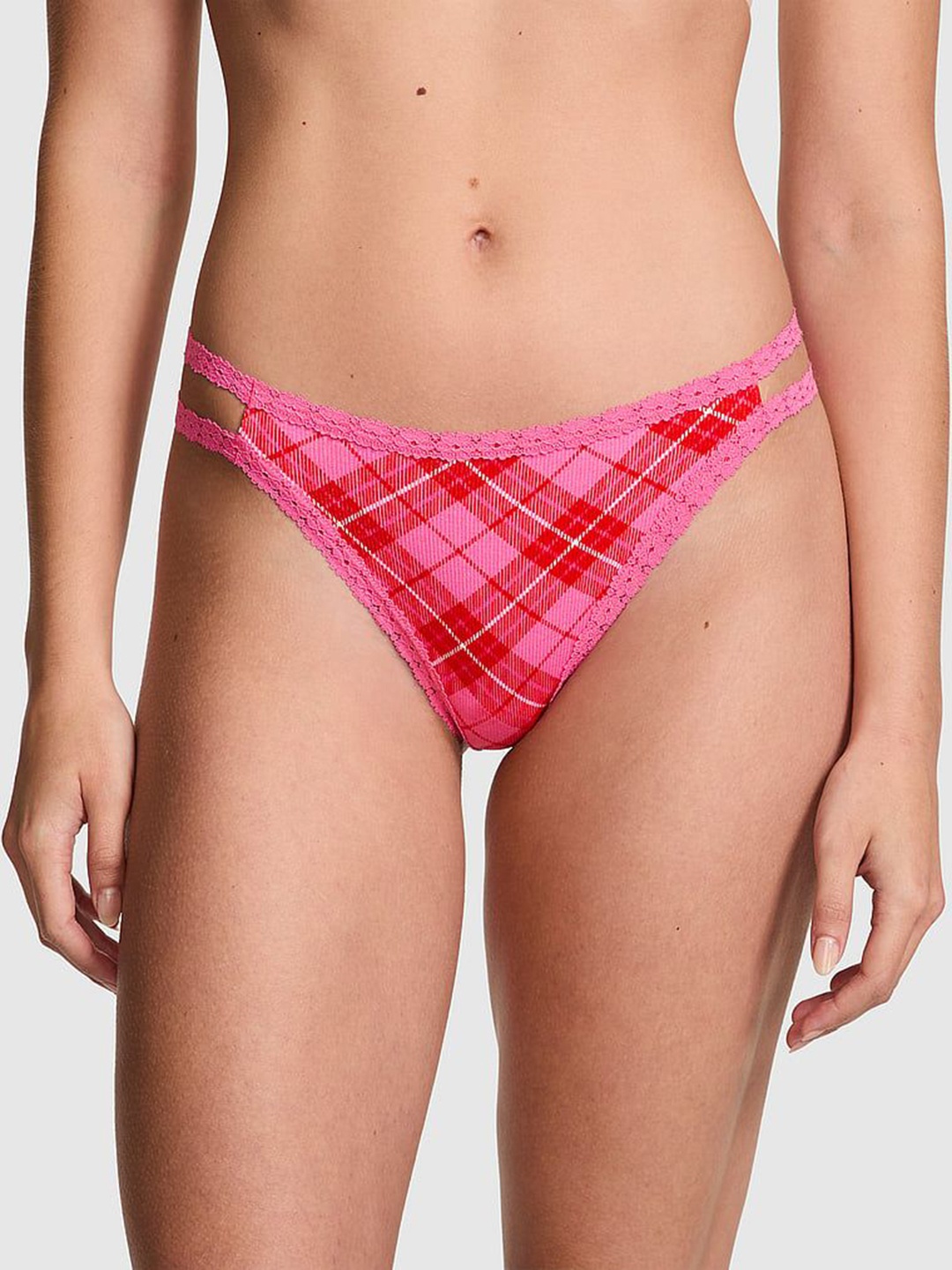 

Victoria's Secret Women PINK WINK Checked Lace-Trimv Strappy Thong Brief