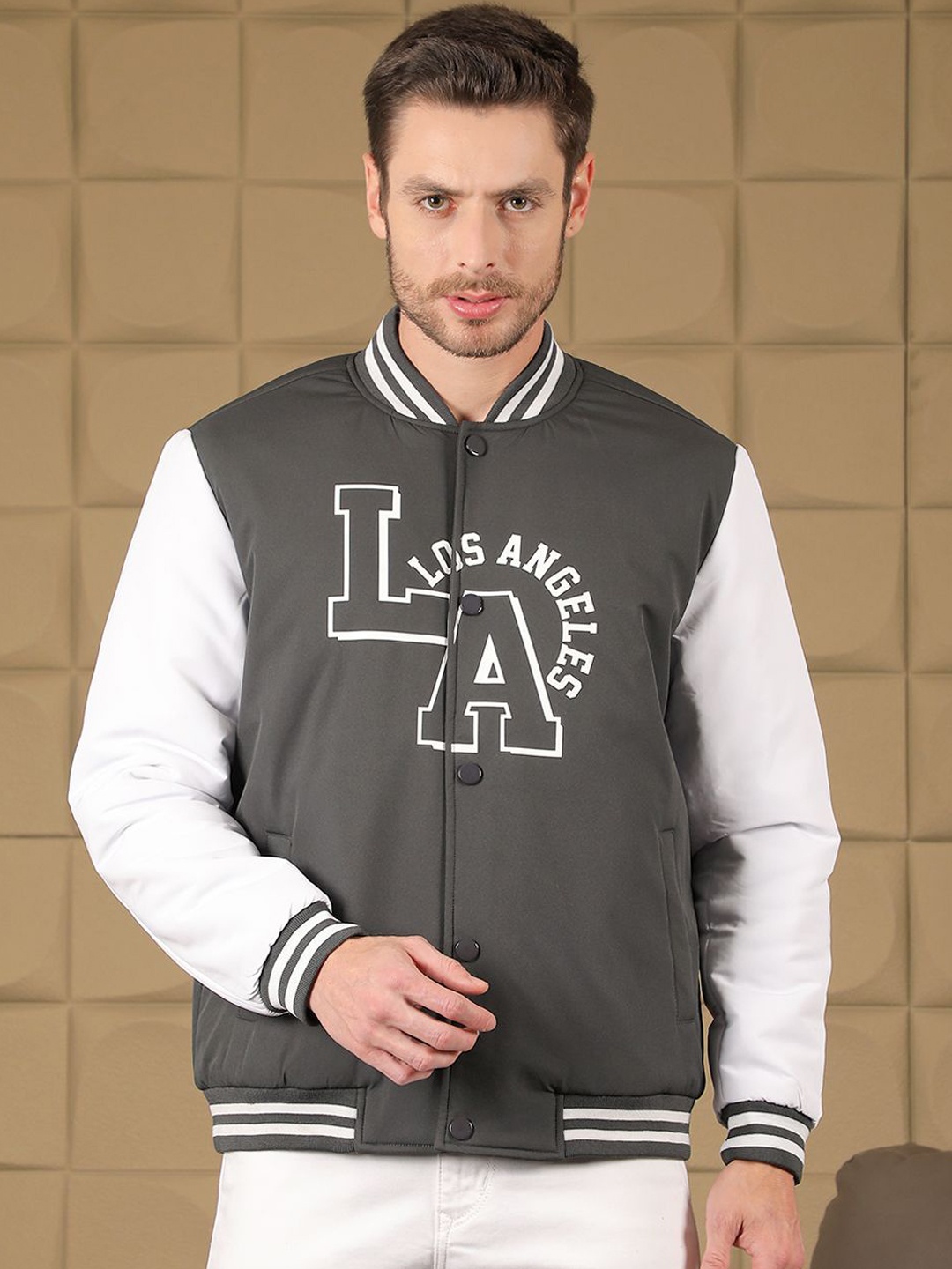 

COBB Men Stand Collar Typography Printed Casual Varsity Jacket, Grey