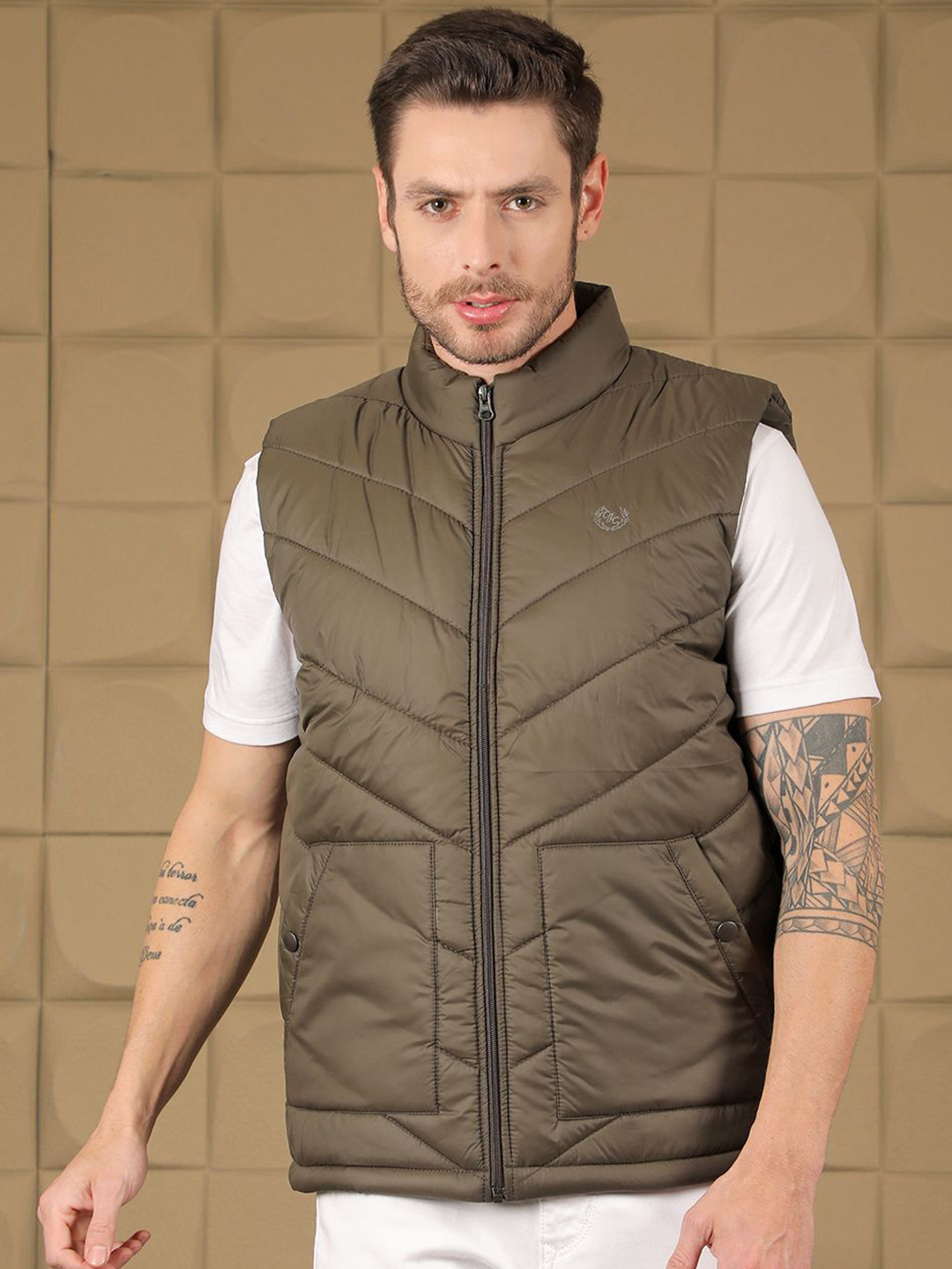 

COBB Men Mock Collar Solid Casual Gilet Jacket, Olive