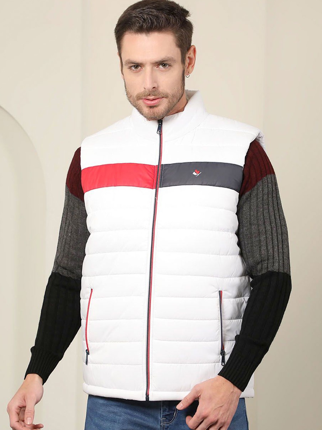 

COBB Men Mock Collar Striped Casual Gilet Jacket, White