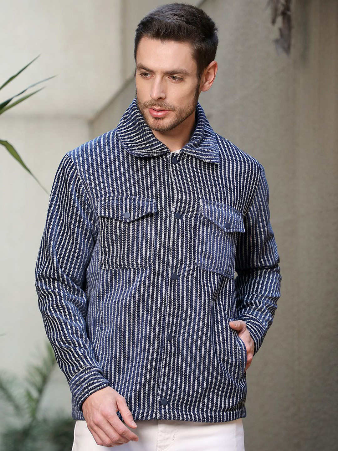 

COBB Men Spread Collar Striped Casual Tailored Lightweight Jacket, Navy blue