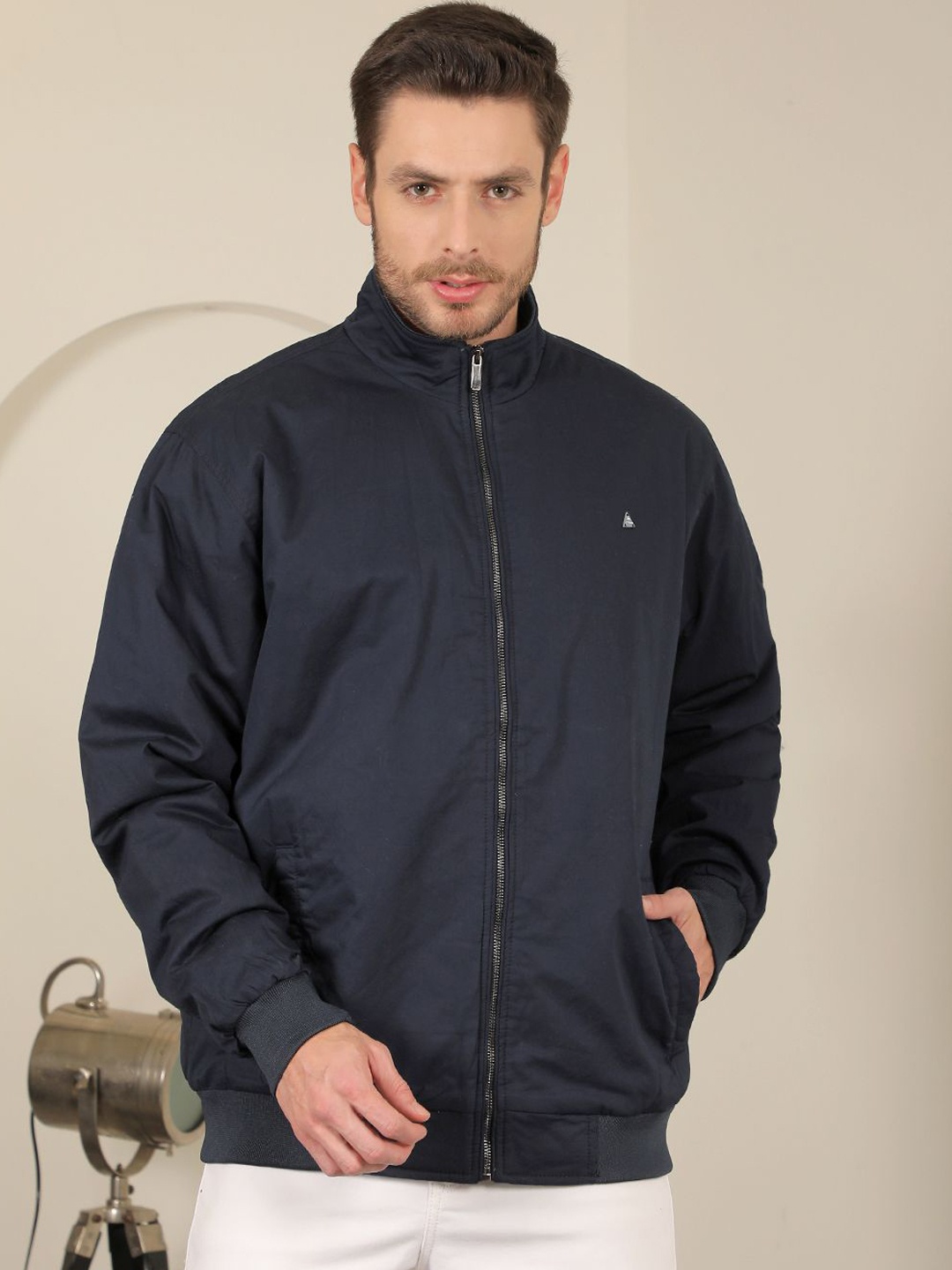 

COBB Men Mock Collar Solid Casual Bomber Jacket, Navy blue