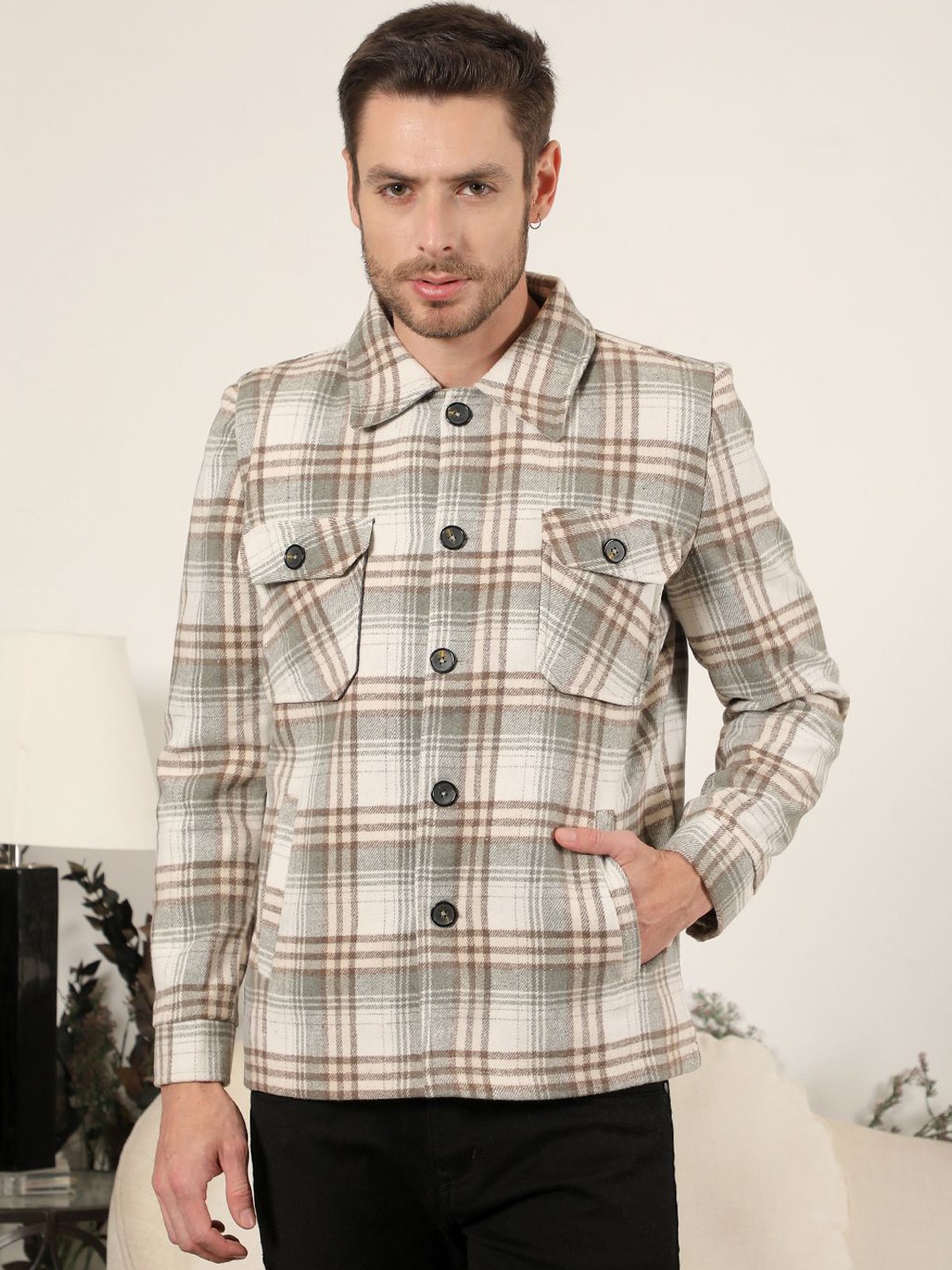 

COBB Men Checked Spread Collar Shackets, Beige