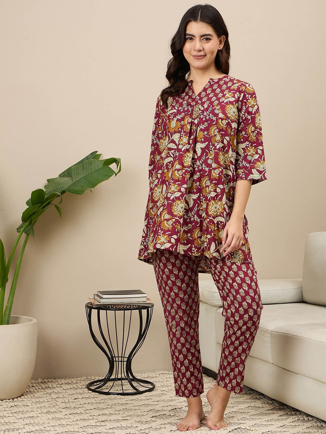 

July Women Pure Cotton Ethnic Motifs Printed Kurti, Maroon