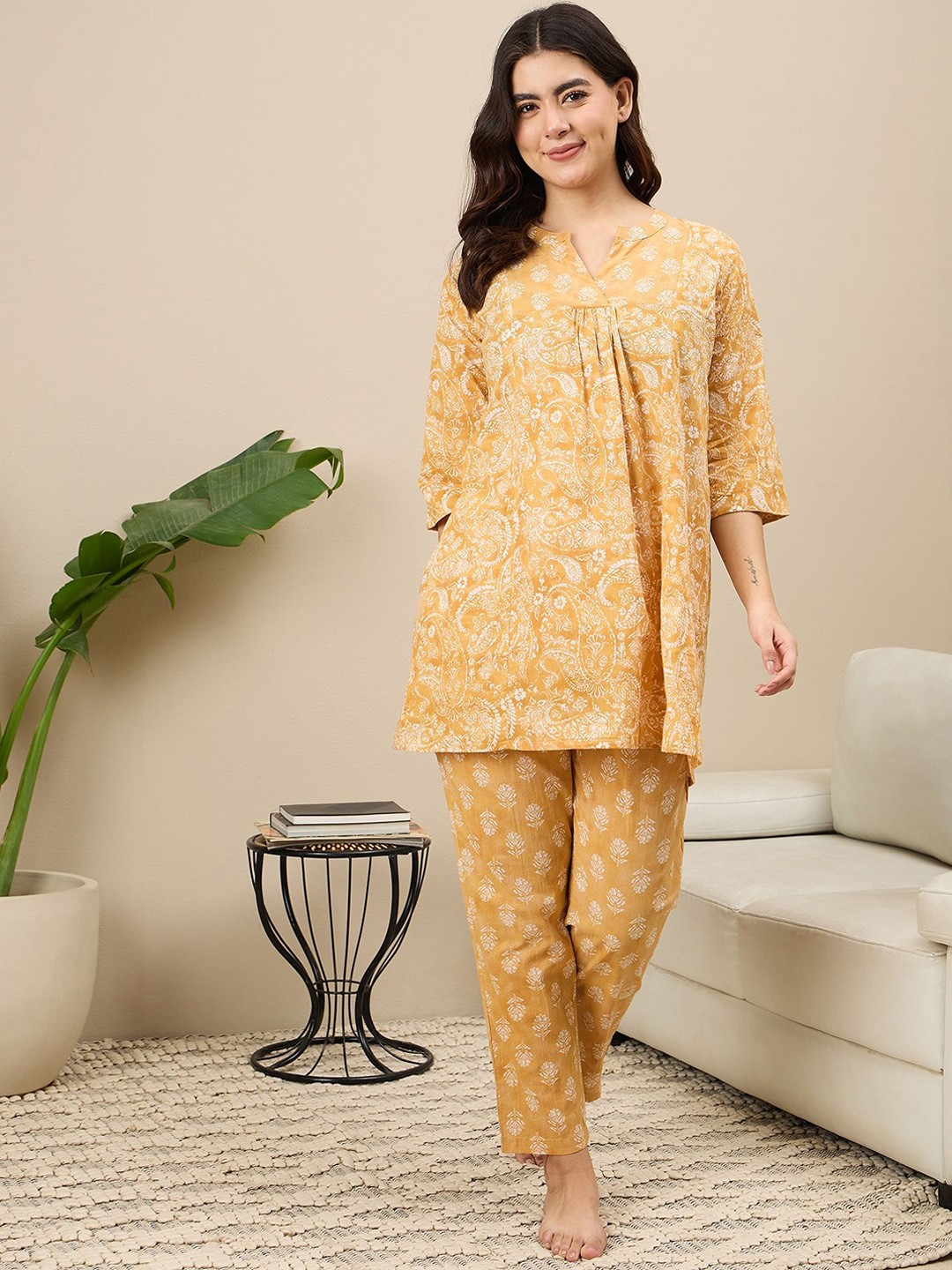 

July Women Pure Cotton Printed Night suit, Mustard