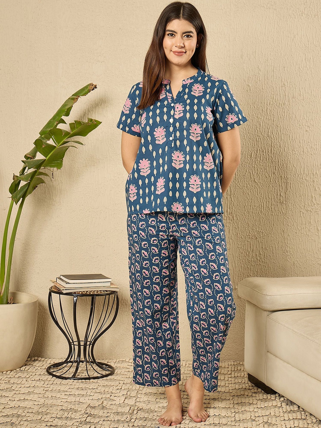 

July Women Printed Pure Cotton Night suit, Blue