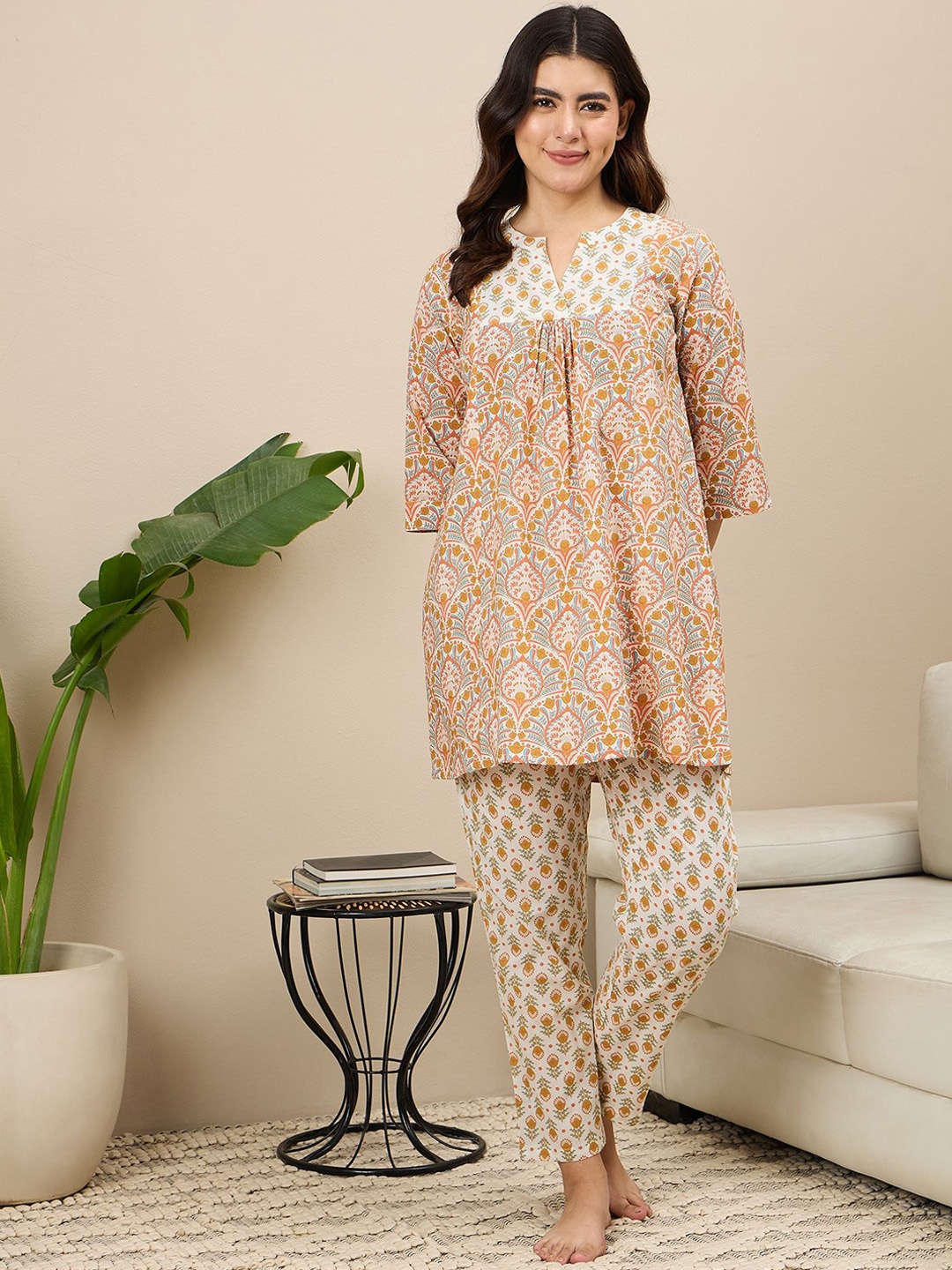 

July Women Printed Pure Cotton Night suit, Mustard