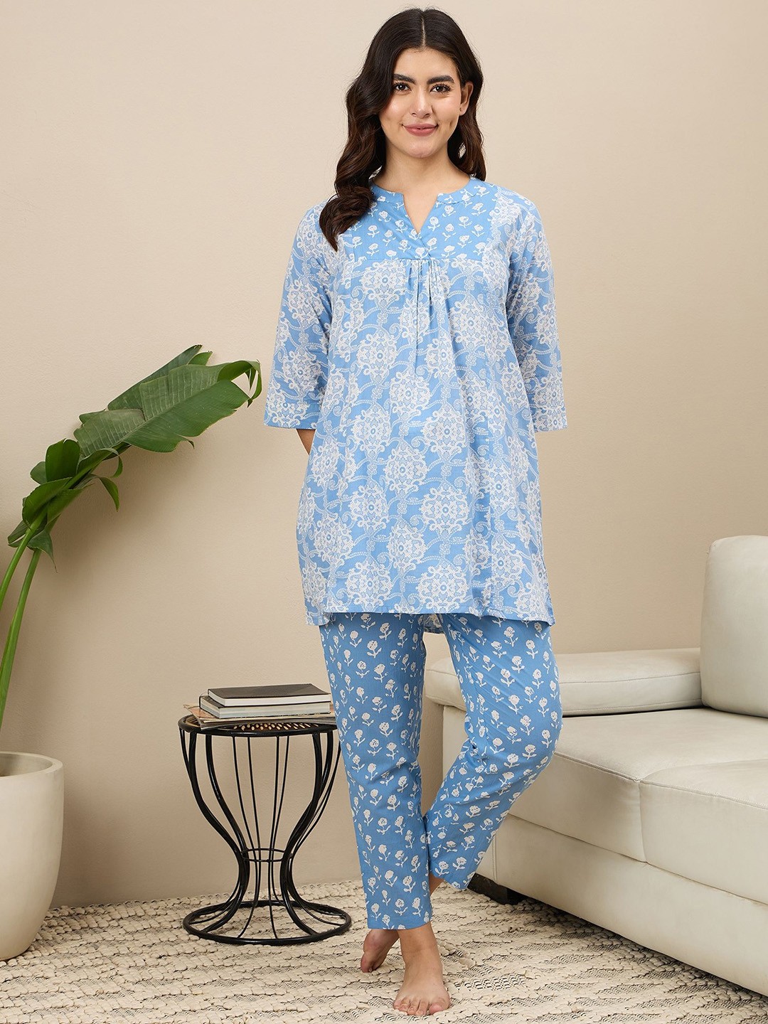 

July Women Pure Cotton Printed Night suit, Blue