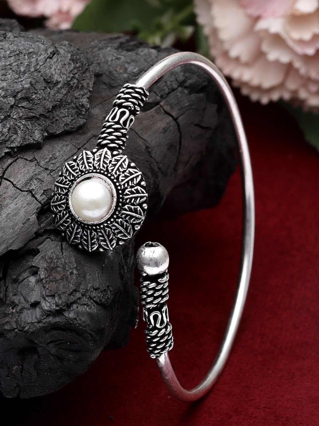 

Sanjog Silver-Plated Beaded Oxidised Cuff Bracelet