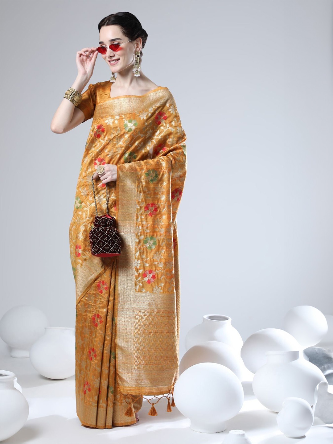 

VISHNU WEAVES Ethnic Motifs Zari Tussar Saree, Yellow