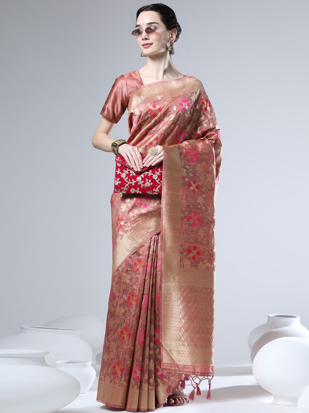 

VISHNU WEAVES Woven Design Zari Art Silk Tussar Saree MIRA_JAL_PEACH