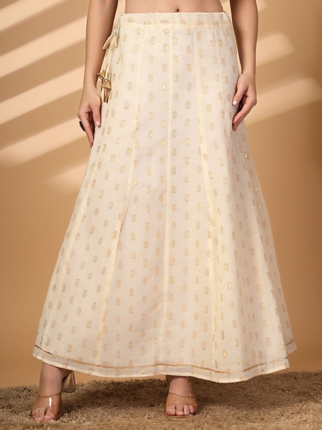 

Clora Creation Women Self Design Embellished Cotton Flared Maxi Skirt, Off white