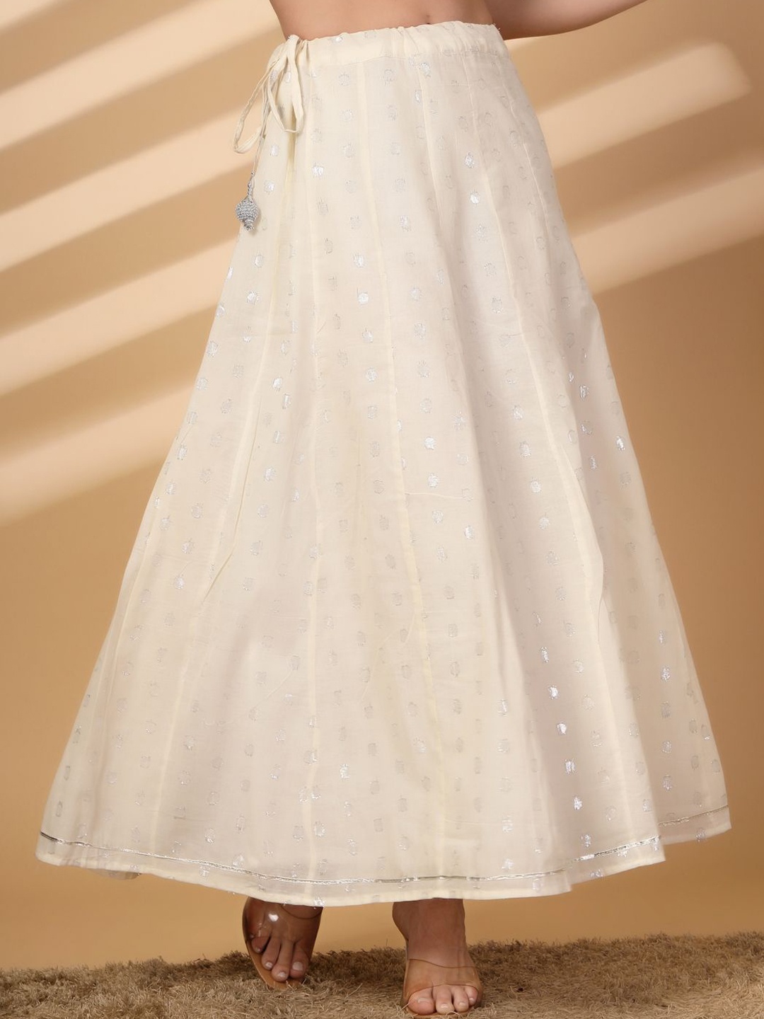 

Clora Creation Women Self Design Embellished Cotton Flared Maxi Skirt, Off white