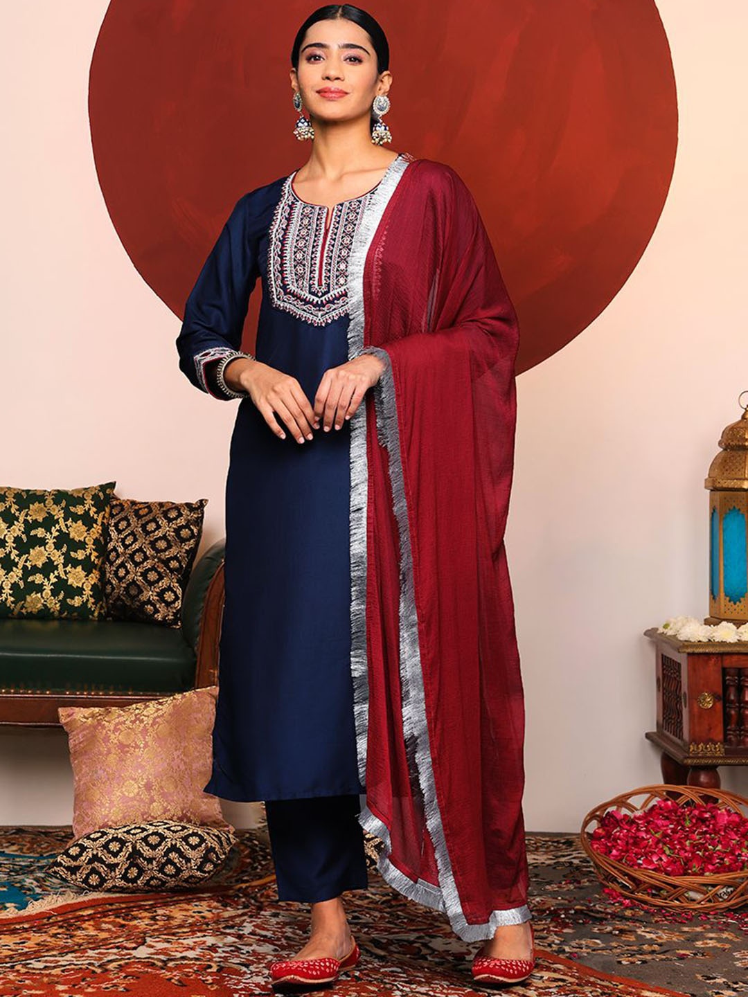 

Varanga Blue Ethnic Motifs Embroidered Thread Work Kurta With Trousers & Dupatta