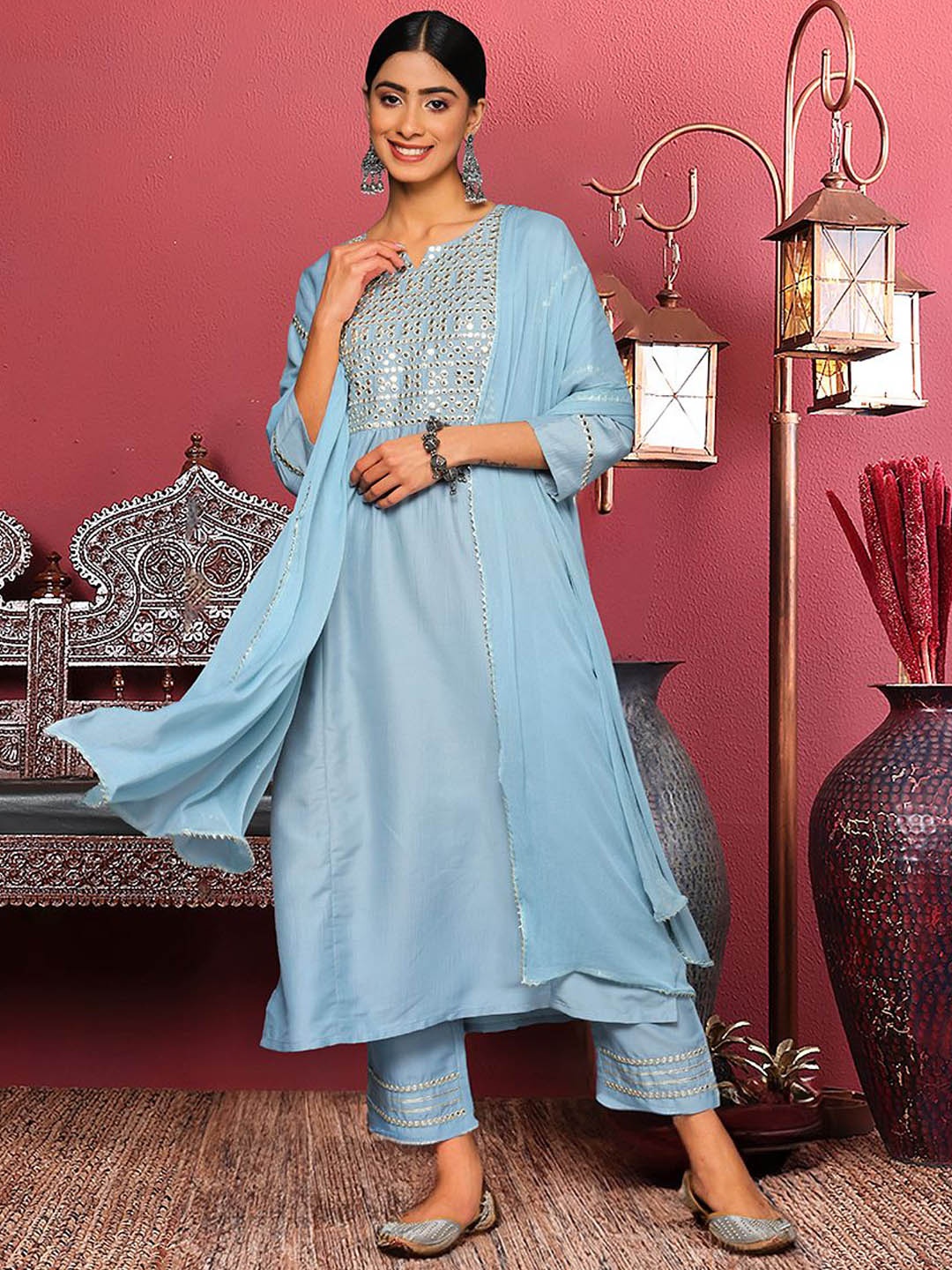 

Varanga Blue Floral Embroidered Mirror Work Straight Kurta With Trousers & Dupatta