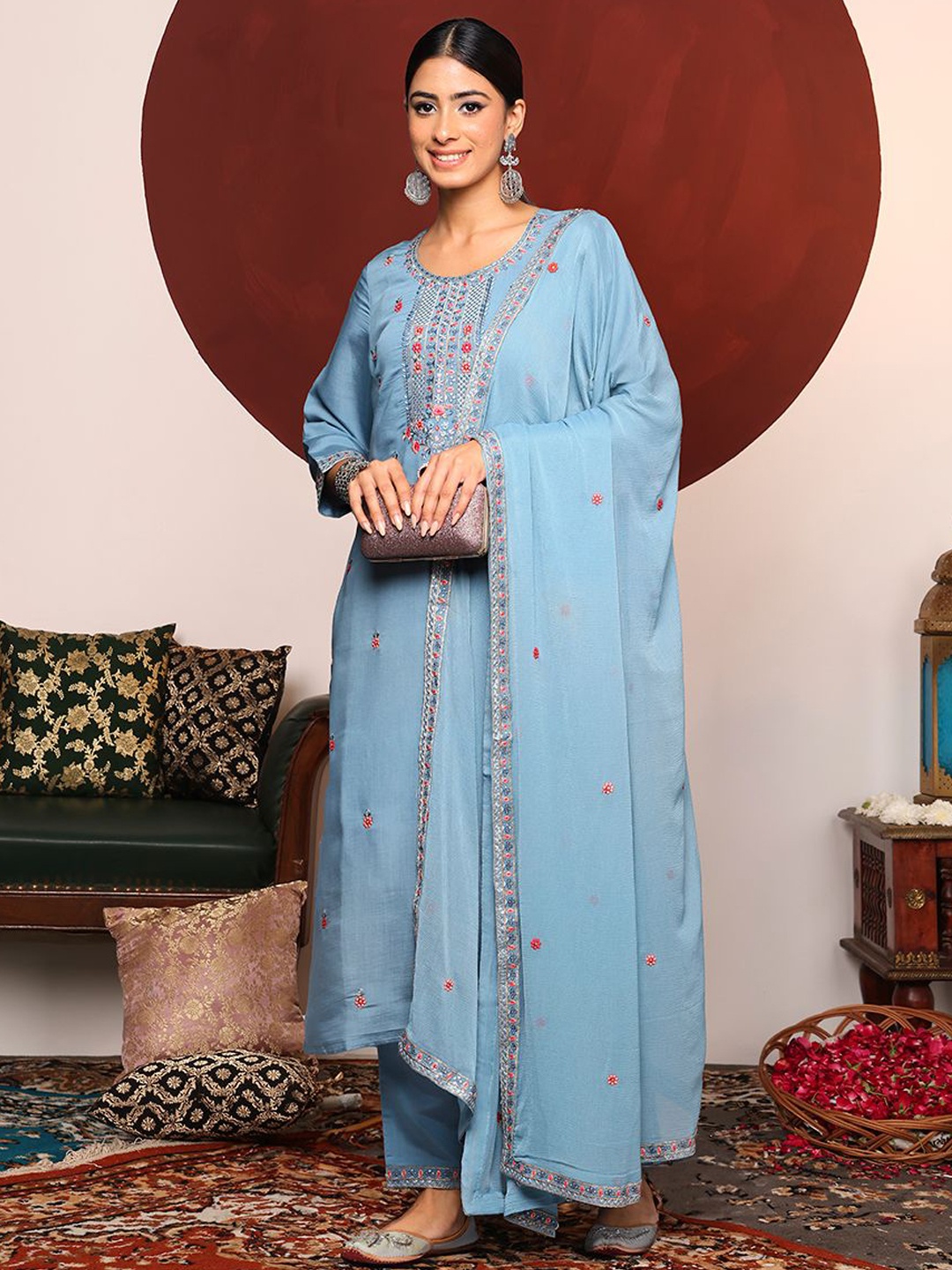 

Varanga Blue Floral Embroidered Sequinned Straight Kurta With Trousers & Dupatta