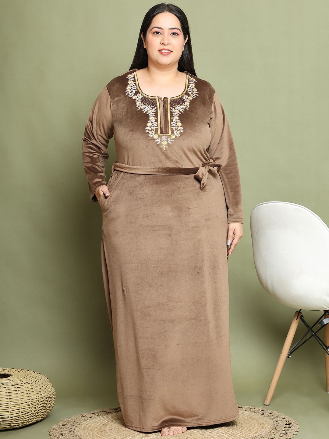 

TAG 7 Women Embroidered Maxi Nightdress, Brown