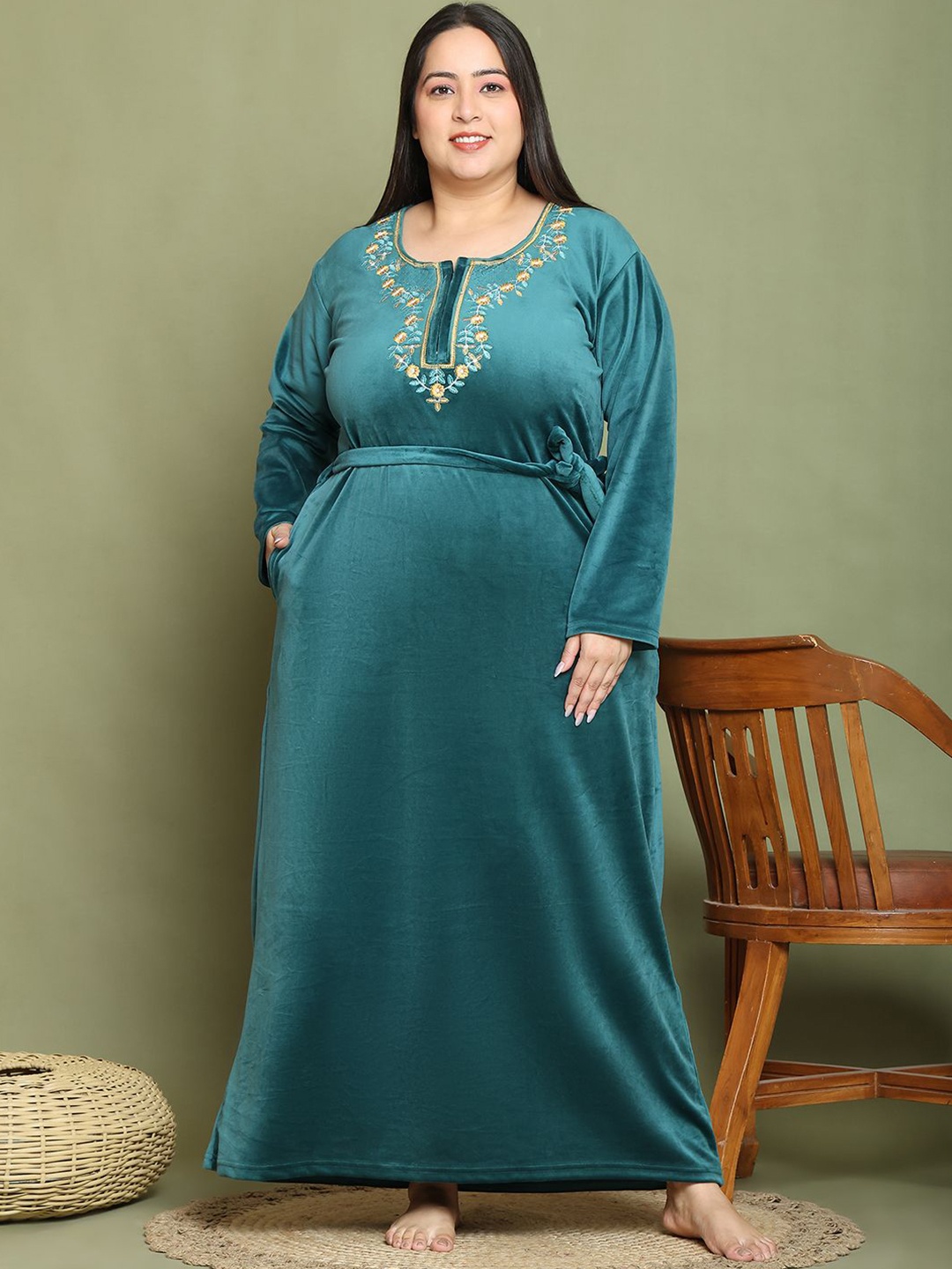 

TAG 7 Women Embroidered Round Neck Maxi Nightdress, Green