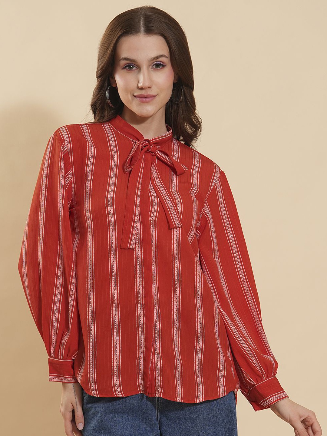 

Murcia Women Mandarin Collar Vertical Striped Relaxed Fit Casual Shirt, Rust