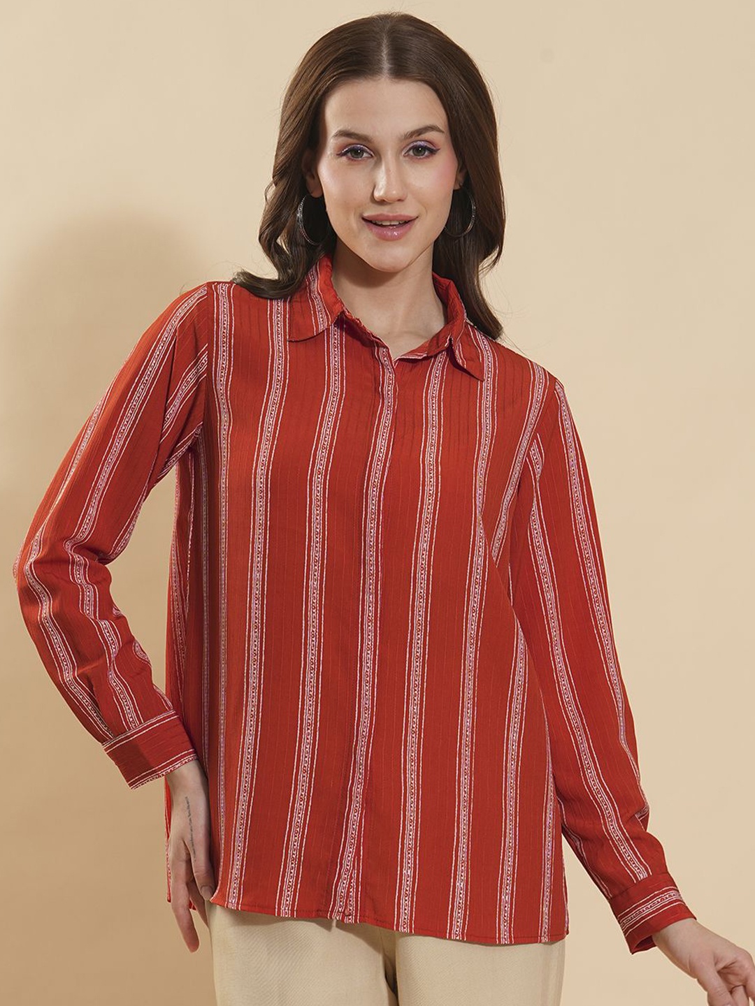 

Murcia Women Spread Collar Vertical Striped Relaxed Fit Formal Shirt, Red