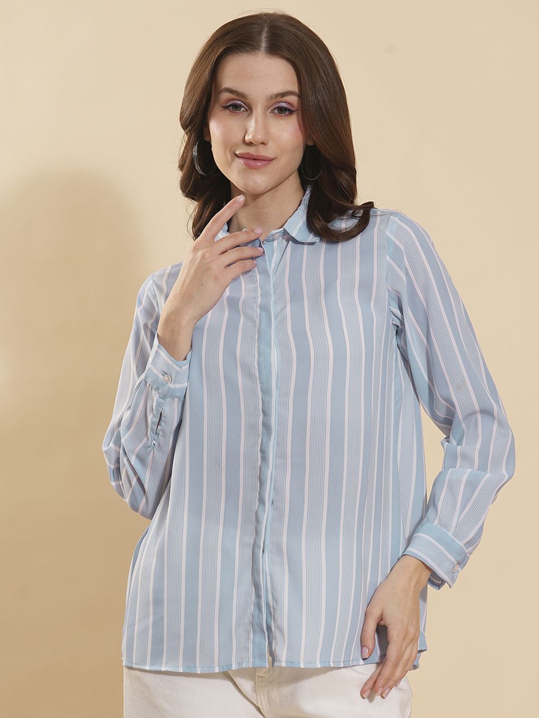 

Murcia Women Spread Collar Vertical Striped Relaxed Fit Formal Shirt, Blue