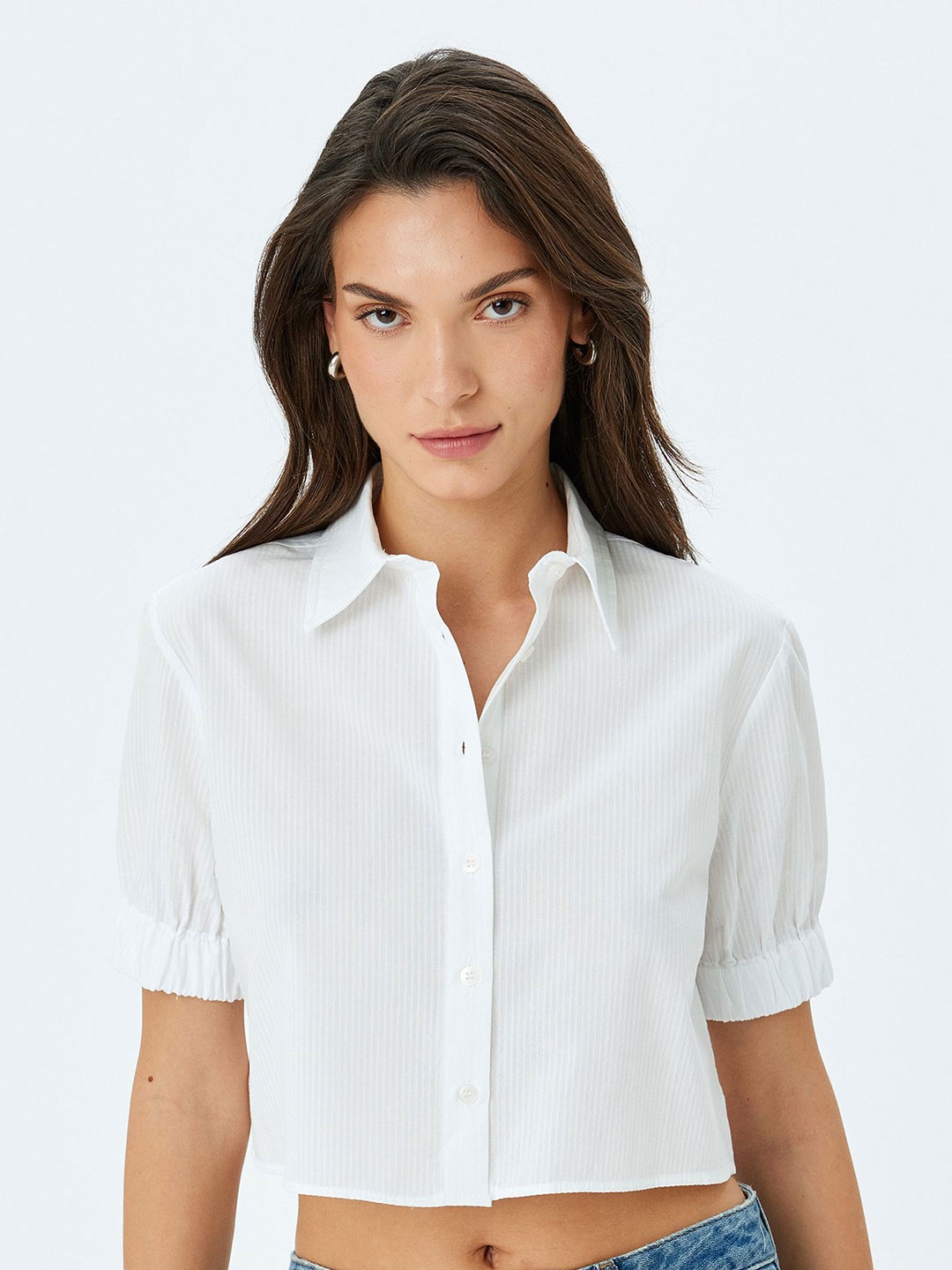 

Koton Women Spread Collar Vertical Striped Cotton Casual Shirt, White