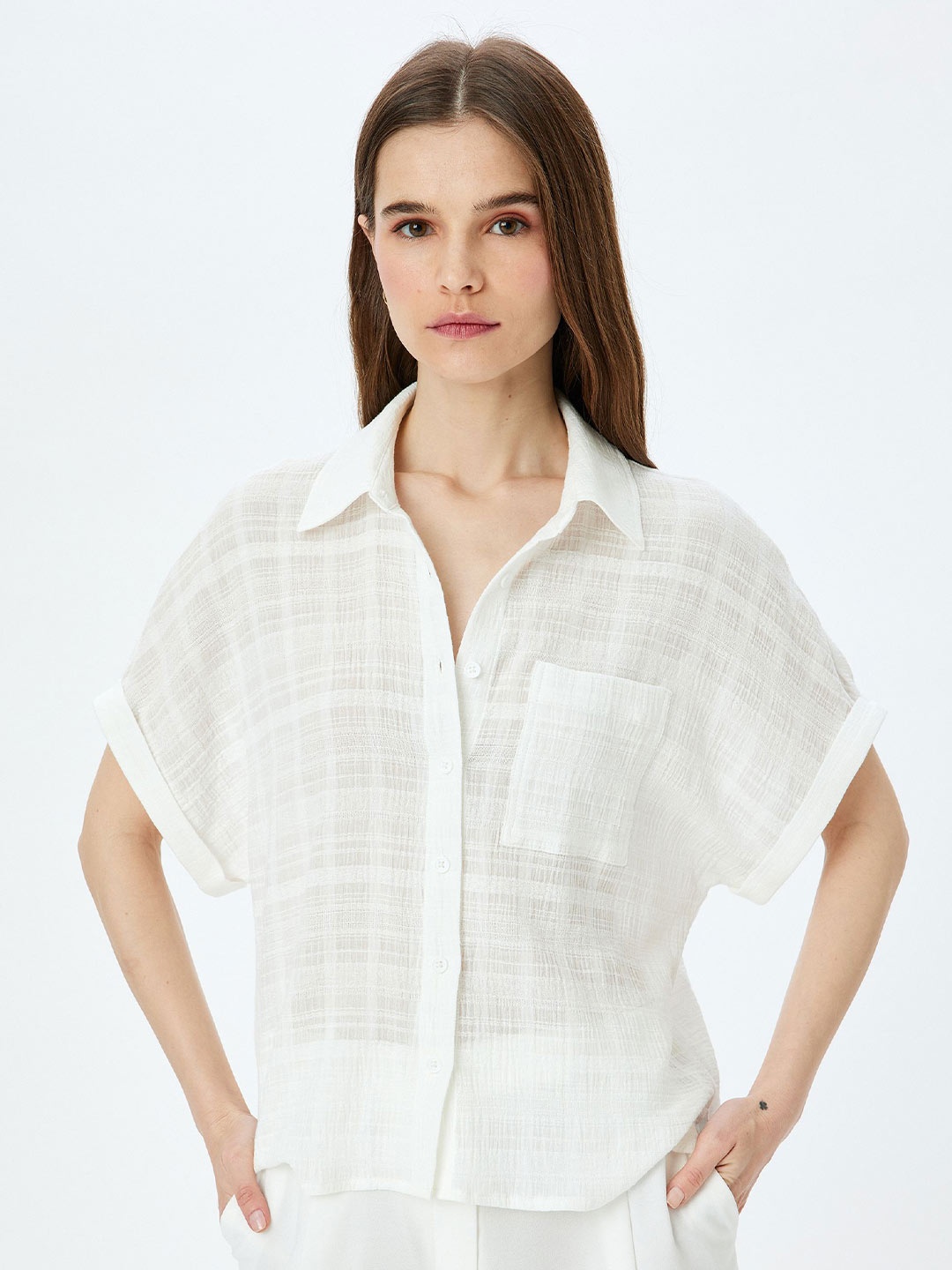 

Koton Women Spread Collar Textured Cotton Relaxed Fit Casual Shirt, Off white