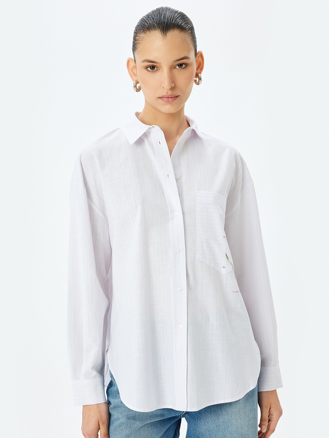 

Koton Women Spread Collar Floral Printed Cotton Relaxed Fit Casual Shirt, White