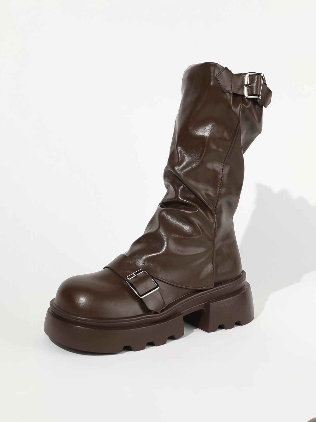 

LULU & SKY Women Buckle Detail Mid Calf Chunky Boots, Brown