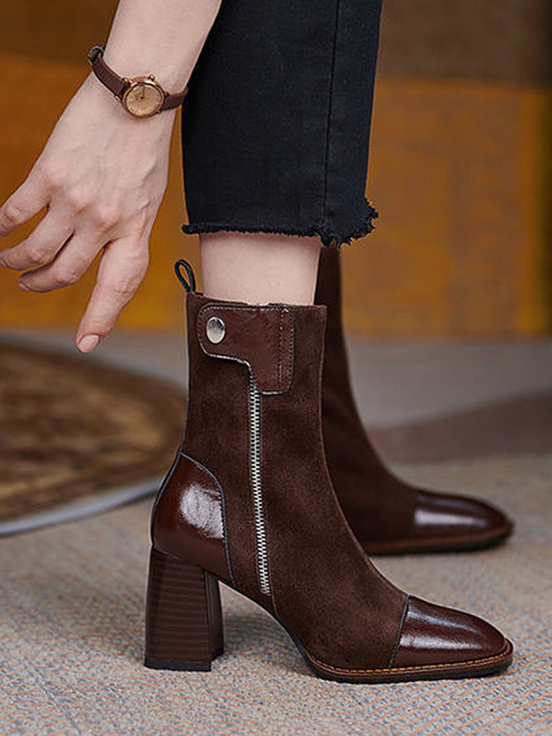 

LULU & SKY Women High-Top Block Heel Chelsea Boots, Brown