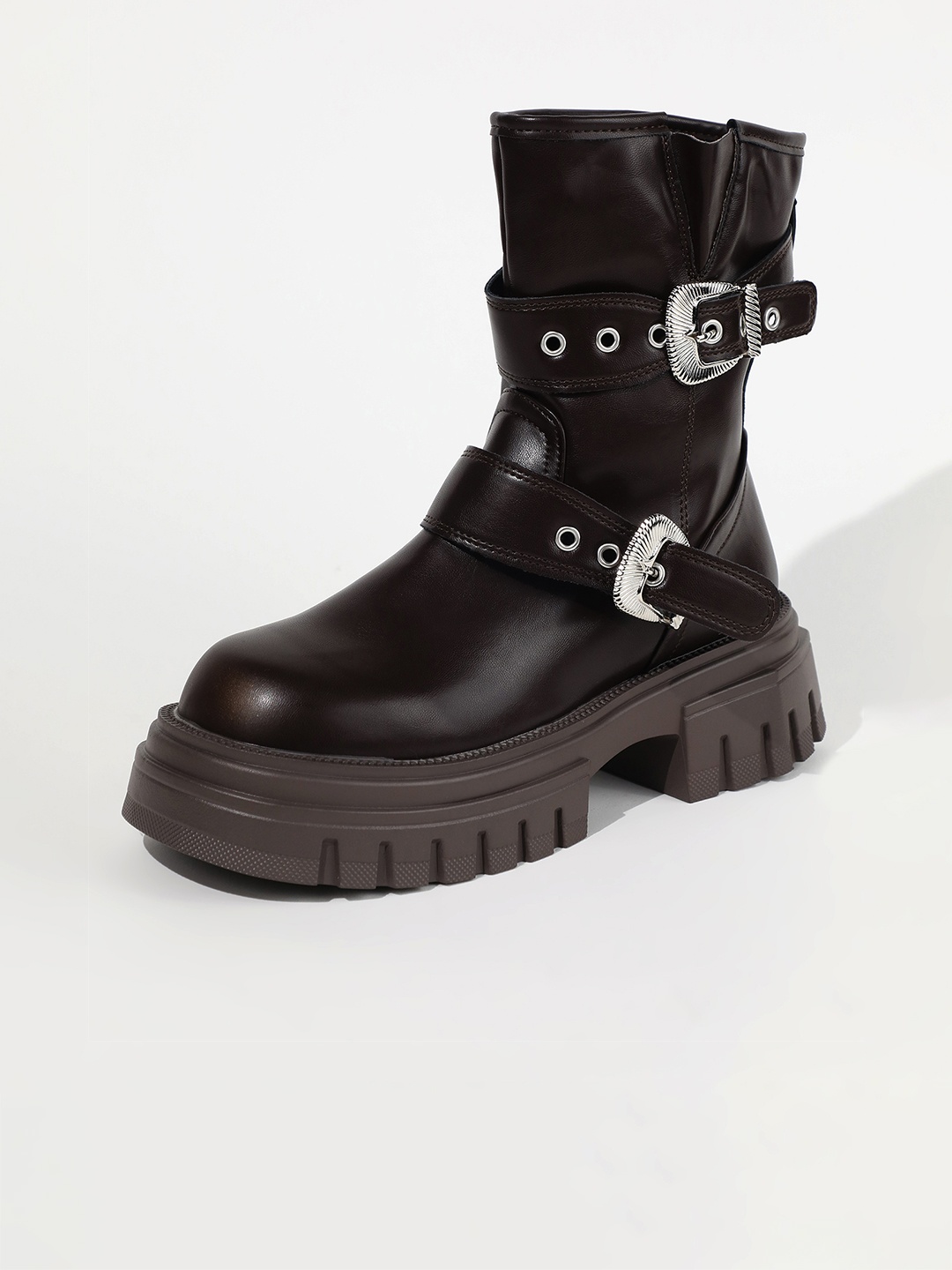 

LULU & SKY Women Buckle Detail Mid Calf Chunky Boots, Brown