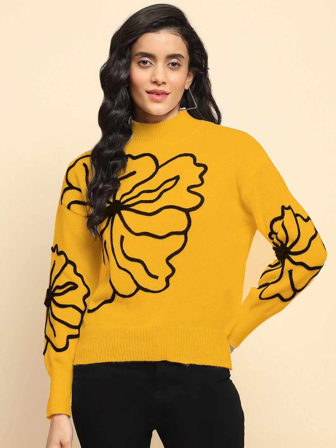 

Global Republic Women Knitted Floral Pullover, Yellow