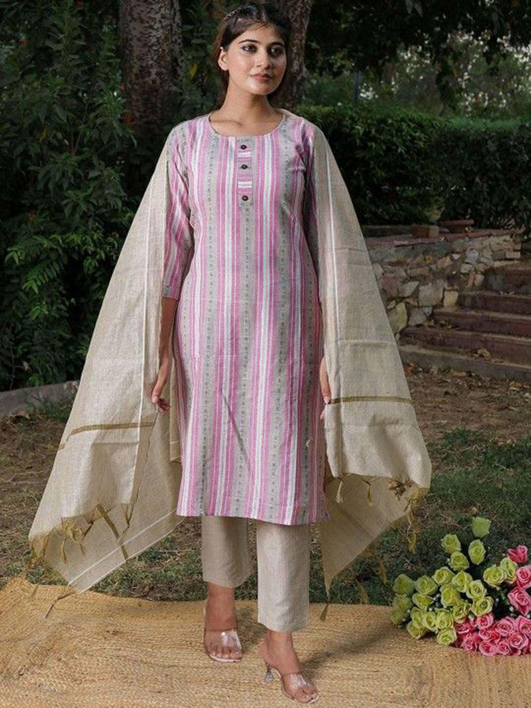 

Chandbaali Round Neck Striped Straight Kurta with Trousers & Dupatta, Pink