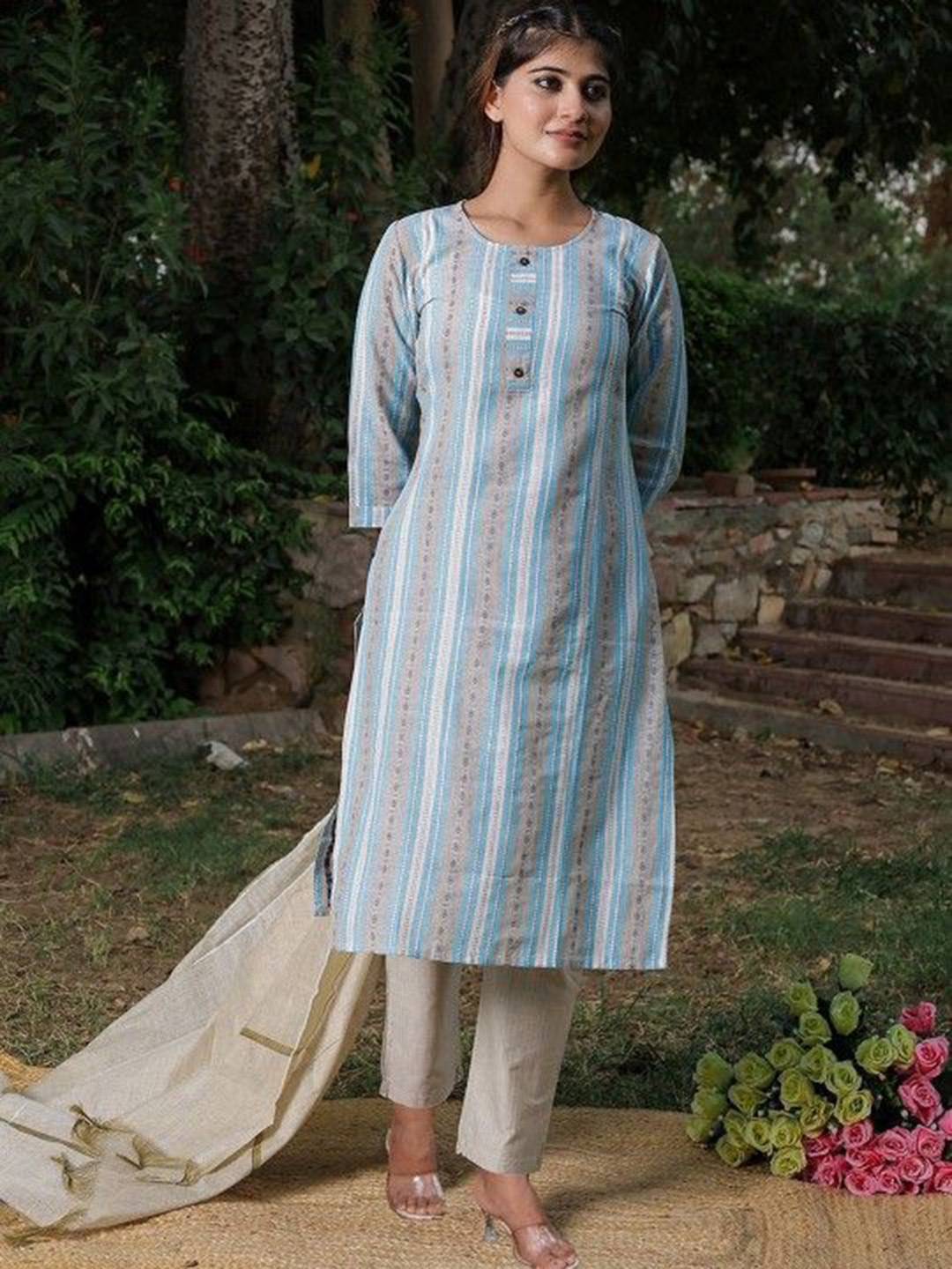 

Chandbaali Round Neck Striped Straight Kurta with Trousers & Dupatta, Blue