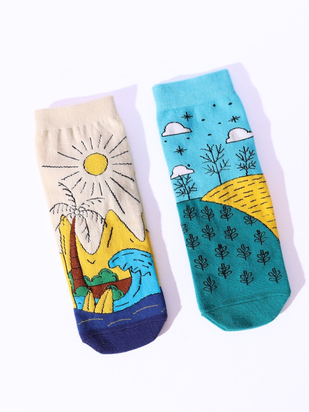 

Thela Gaadi Unisex Pack Of 2 Nature Patterned Ankle-Length Socks, White