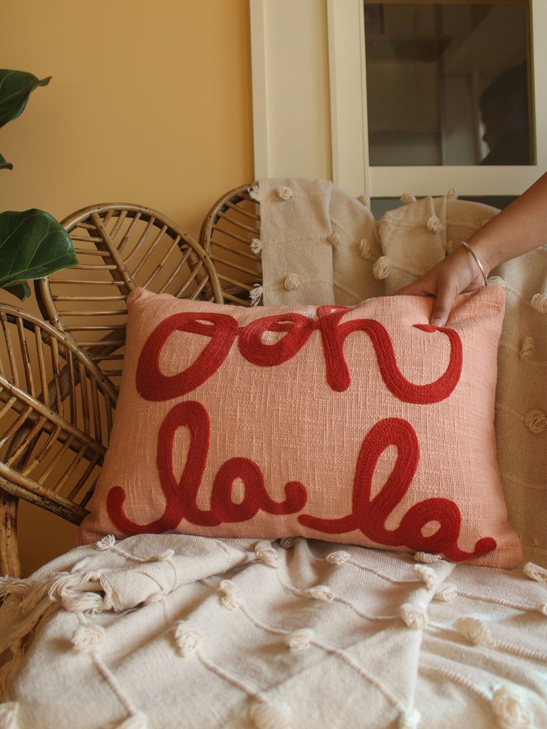 

HYPPY Pink & Gold-Toned Embroidered Rectangle Cushion Cover