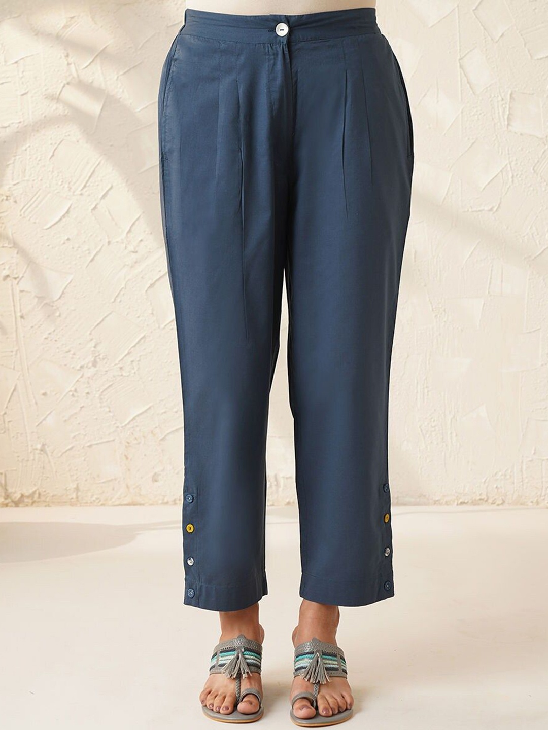 

JAYPORE Women Relaxed Cotton Trousers, Blue