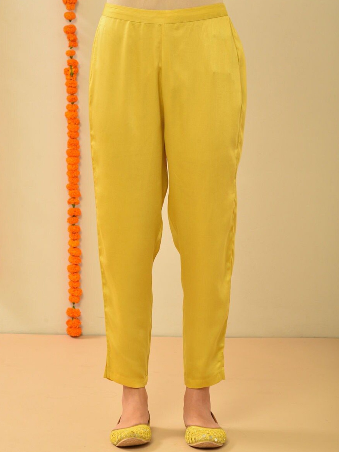 

JAYPORE Women Mid-Rise Relaxed Trousers, Mustard