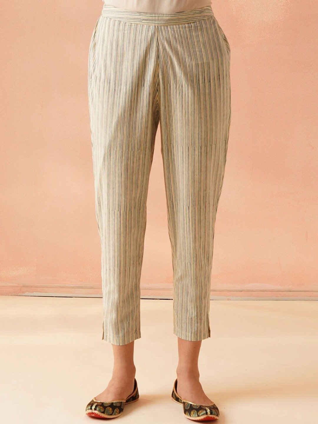

JAYPORE Women Pure Cotton Striped Relaxed Fit Mid-Rise Trousers, Multi